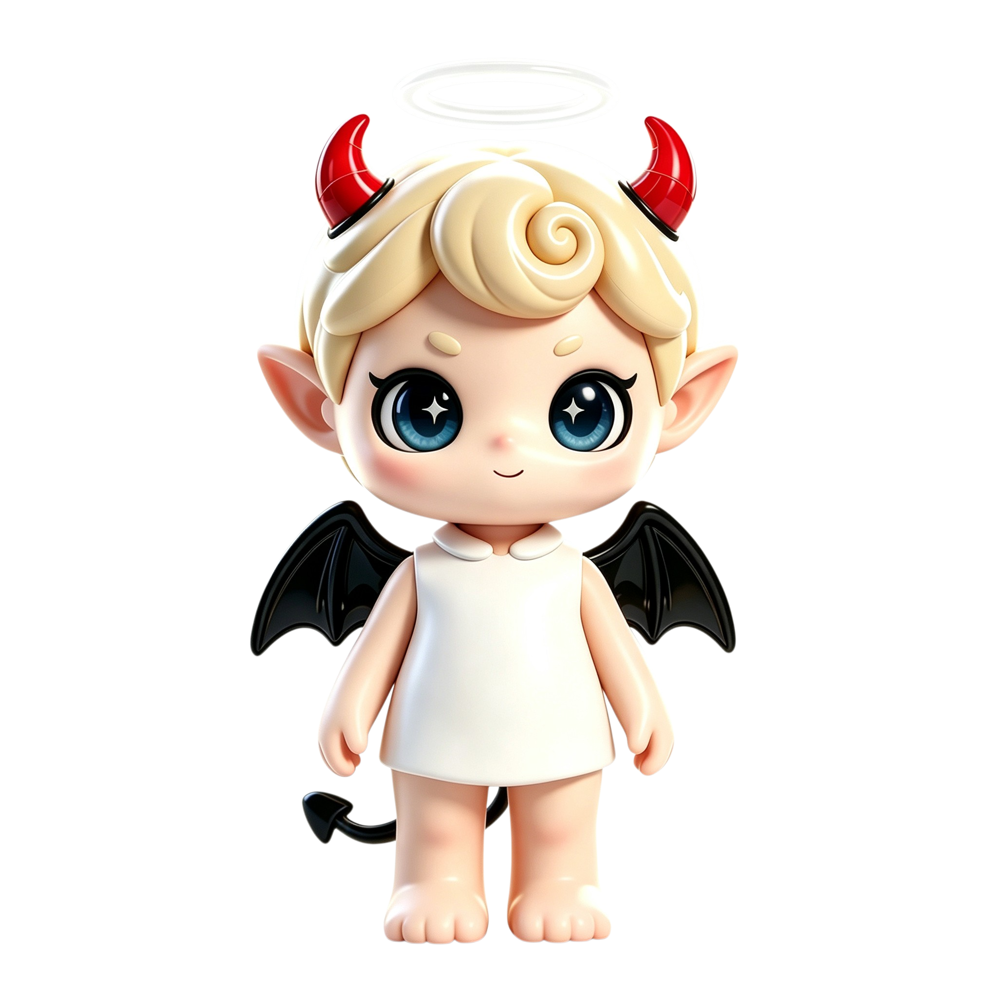 Dante — White figure with blue eyes, black devil wings, red devil horns, blue neon halo